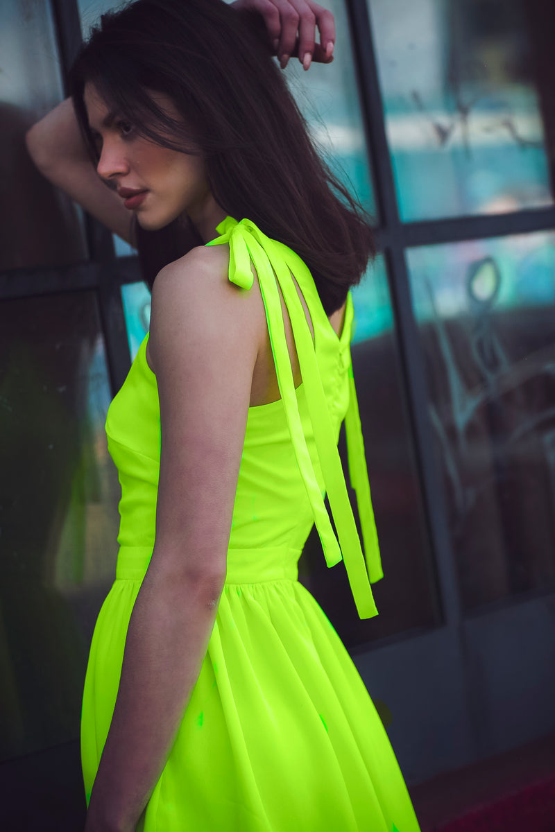 Lulu Neon Dress - Fun, Bright Yellow Dress with Shoulder Ties Small Lulu Neon Dress - Fun, Bright Yellow Dress with Shoulder Ties Small